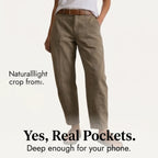 Women's High-Waisted Utility Pants with Tapered Fit & Ruched Ankle Cuff - Khaki Pocket Detail Ad