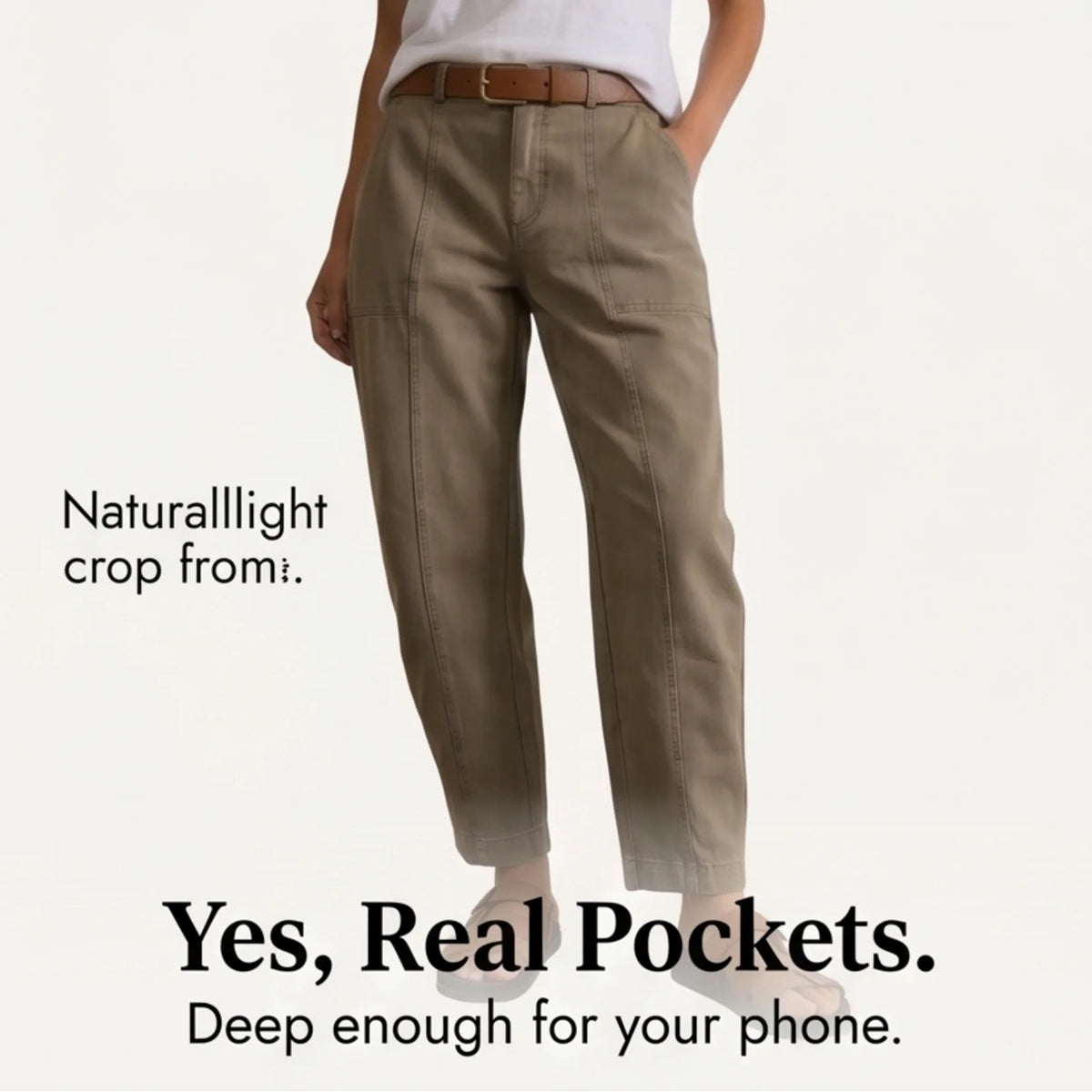 Women's High-Waisted Utility Pants with Tapered Fit & Ruched Ankle Cuff - Khaki Pocket Detail Ad