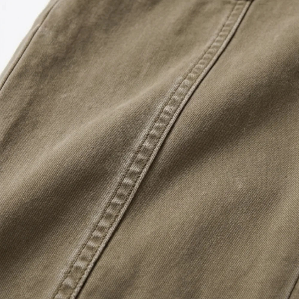 Women's High-Waisted Utility Pants with Tapered Fit & Ruched Ankle Cuff - Khaki Seam Detail