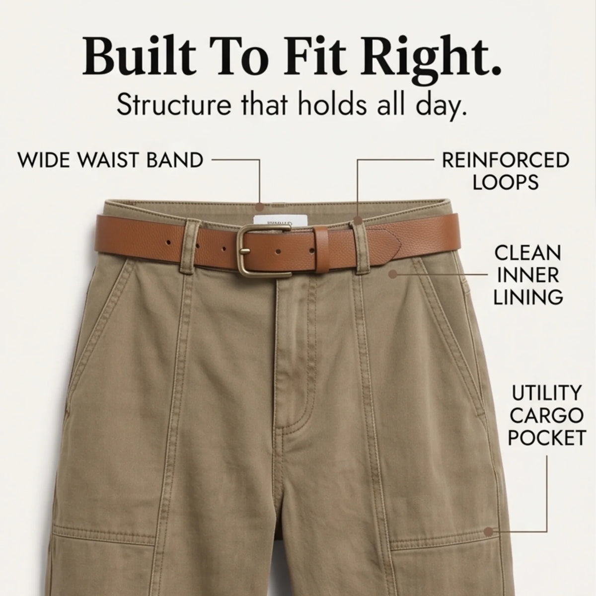 Women's High-Waisted Utility Pants with Tapered Fit & Ruched Ankle Cuff - Khaki Waistband Infographic
