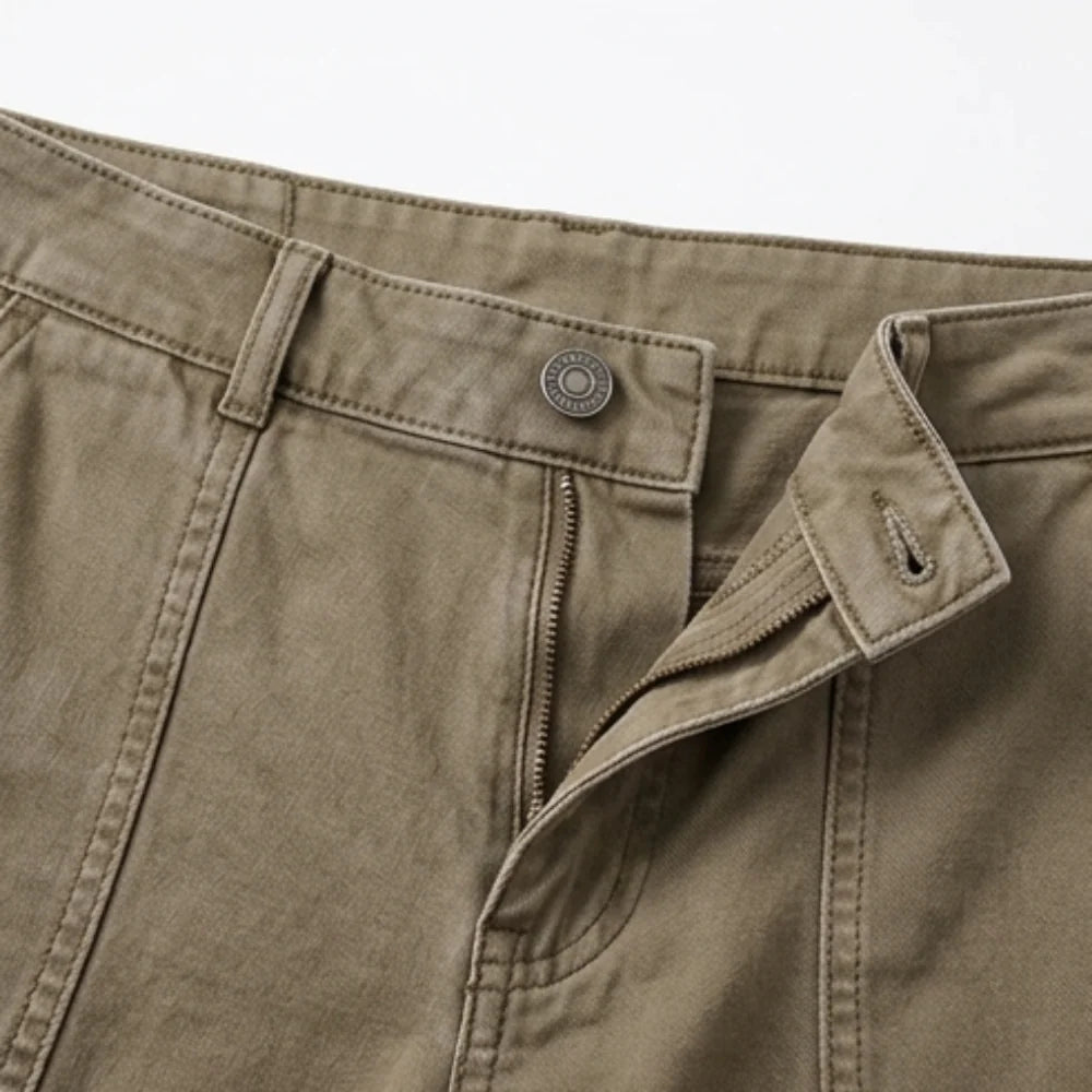 Women's High-Waisted Utility Pants with Tapered Fit & Ruched Ankle Cuff - Khaki Zipper Detail