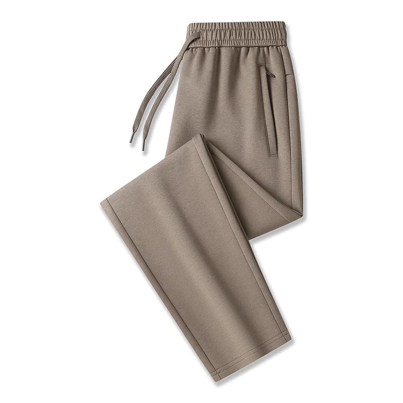 Khaki, Wide Hem Men's Tech Jogger Pants with Zip Pockets & Elastic Cuffs - Flat Lay Alt