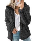 Black Women's Teddy Fleece Jacket with Hooded Collar & Zip Front