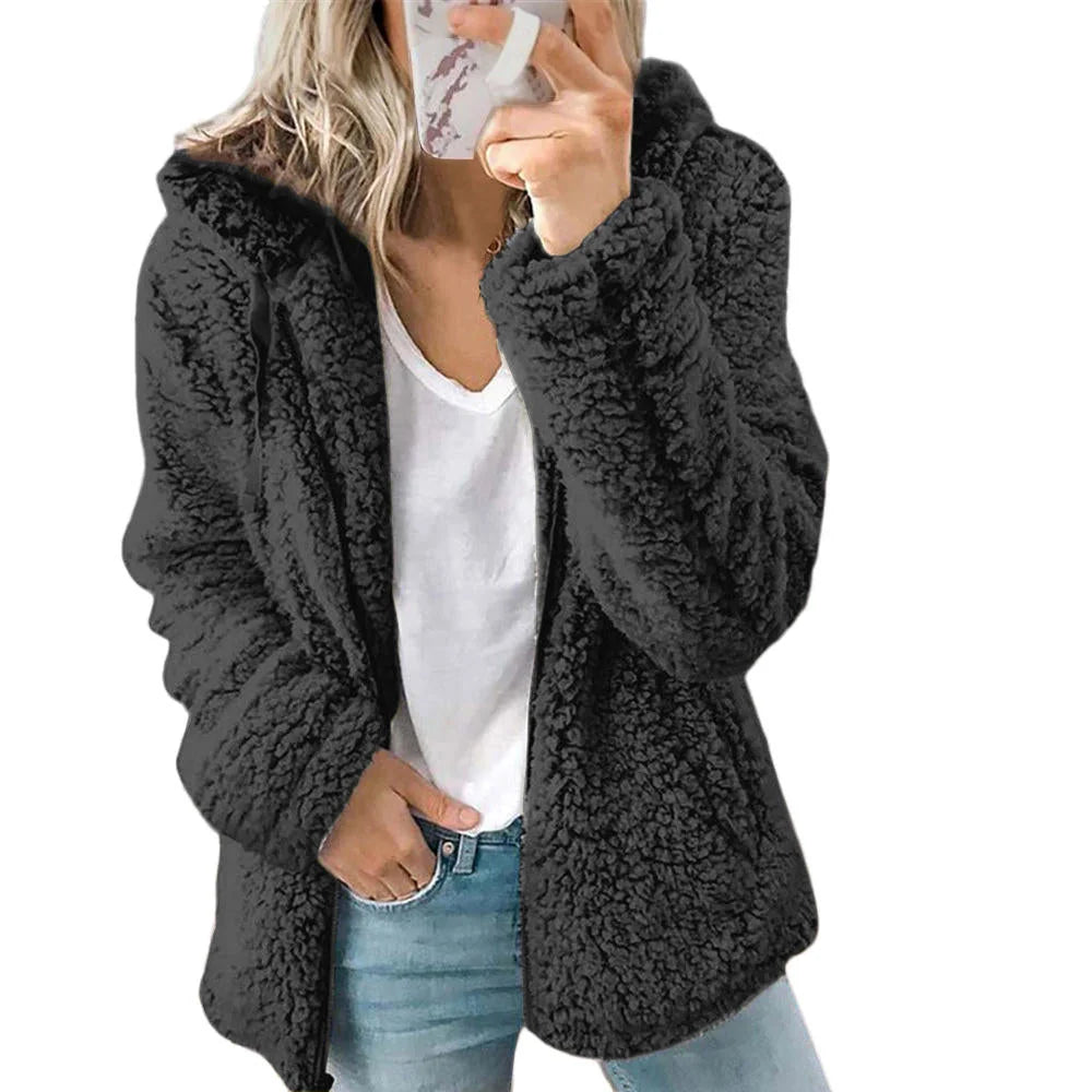 Black Women's Teddy Fleece Jacket with Hooded Collar & Zip Front