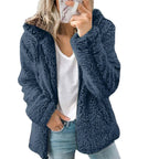 Blue Women's Teddy Fleece Jacket with Hooded Collar & Zip Front