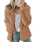 Brown Women's Teddy Fleece Jacket with Hooded Collar & Zip Front