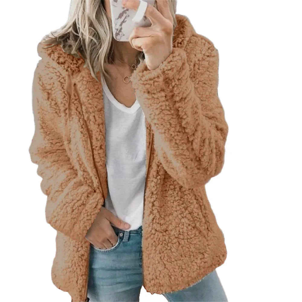 Brown Women's Teddy Fleece Jacket with Hooded Collar & Zip Front