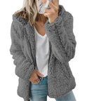 Grey Women's Teddy Fleece Jacket with Hooded Collar & Zip Front