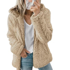 Khaki Women's Teddy Fleece Jacket with Hooded Collar & Zip Front