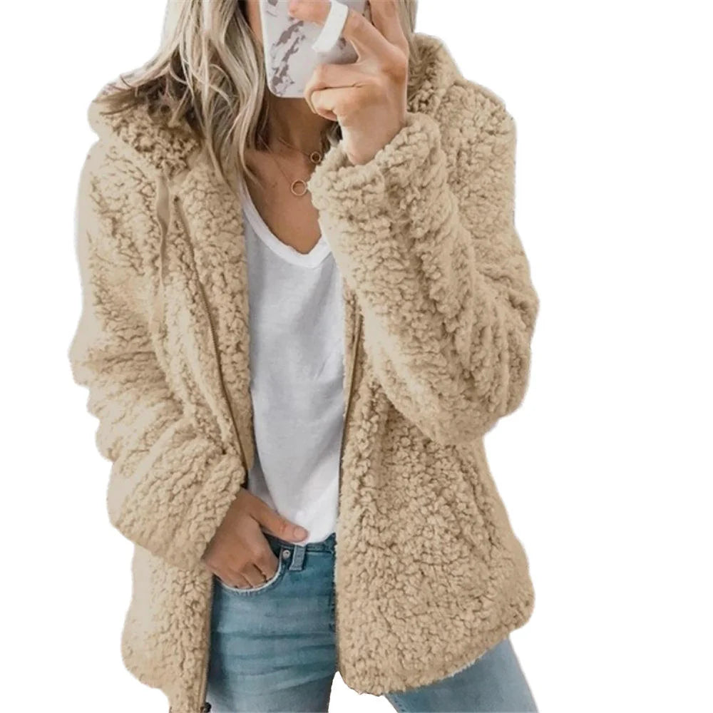 Khaki Women's Teddy Fleece Jacket with Hooded Collar & Zip Front