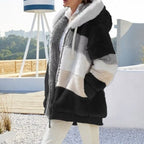 Black Women's Teddy Jacket with Striped Color-Block Design & Relaxed Fit