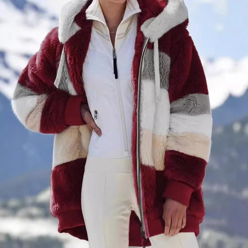 Burgundy Women's Teddy Jacket with Striped Color-Block Design & Relaxed Fit - Outdoor Mountain Closeup