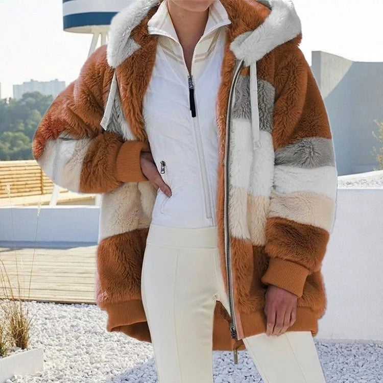Dark Brown Women's Teddy Jacket with Striped Color-Block Design & Relaxed Fit - Rooftop Front Pose