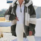 Dark Green Women's Teddy Jacket with Striped Color-Block Design & Relaxed Fit - Rooftop Front Standing