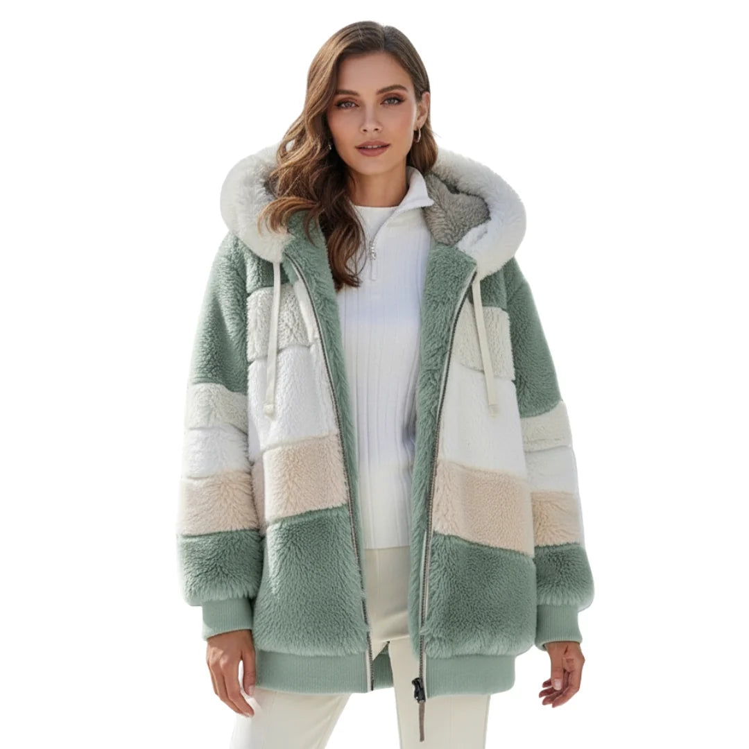 Green Women's Teddy Jacket with Striped Color-Block Design & Relaxed Fit
