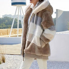 Khaki Women's Teddy Jacket with Striped Color-Block Design & Relaxed Fit