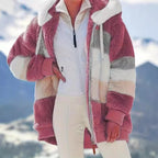 Pink Women's Teddy Jacket with Striped Color-Block Design & Relaxed Fit