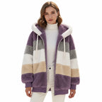 Lilac Women's Teddy Jacket with Striped Color-Block Design & Relaxed Fit - Studio Front Plain
