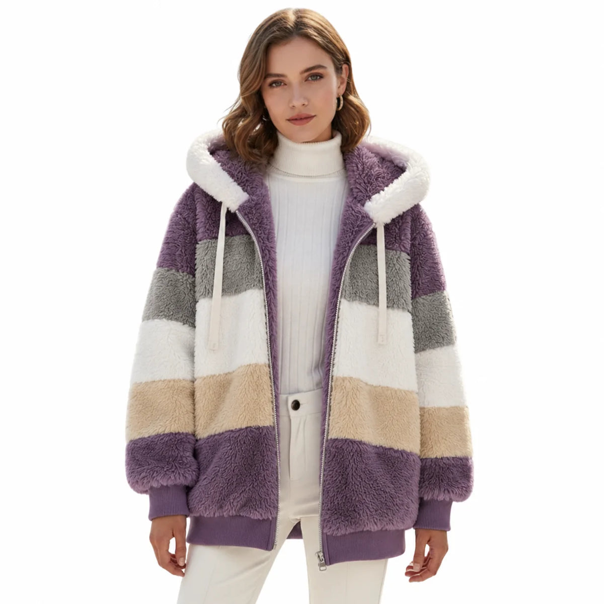 Lilac Women's Teddy Jacket with Striped Color-Block Design & Relaxed Fit - Studio Front Plain