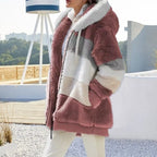 Red Women's Teddy Jacket with Striped Color-Block Design & Relaxed Fit