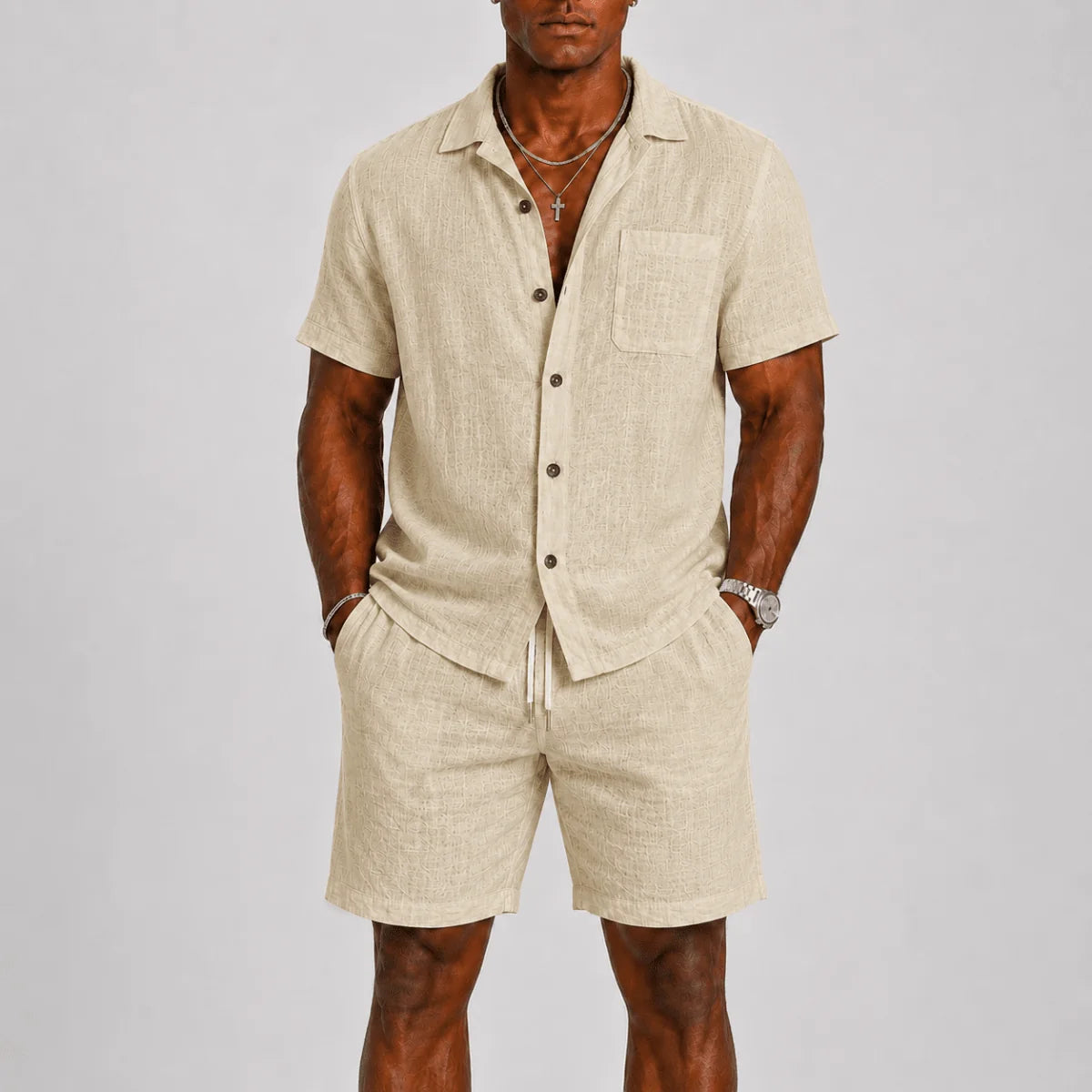 Beige Men's Textured Shirt & Shorts Co-Ord Set — Phoebe Cuban Collar Casual - Studio Pose