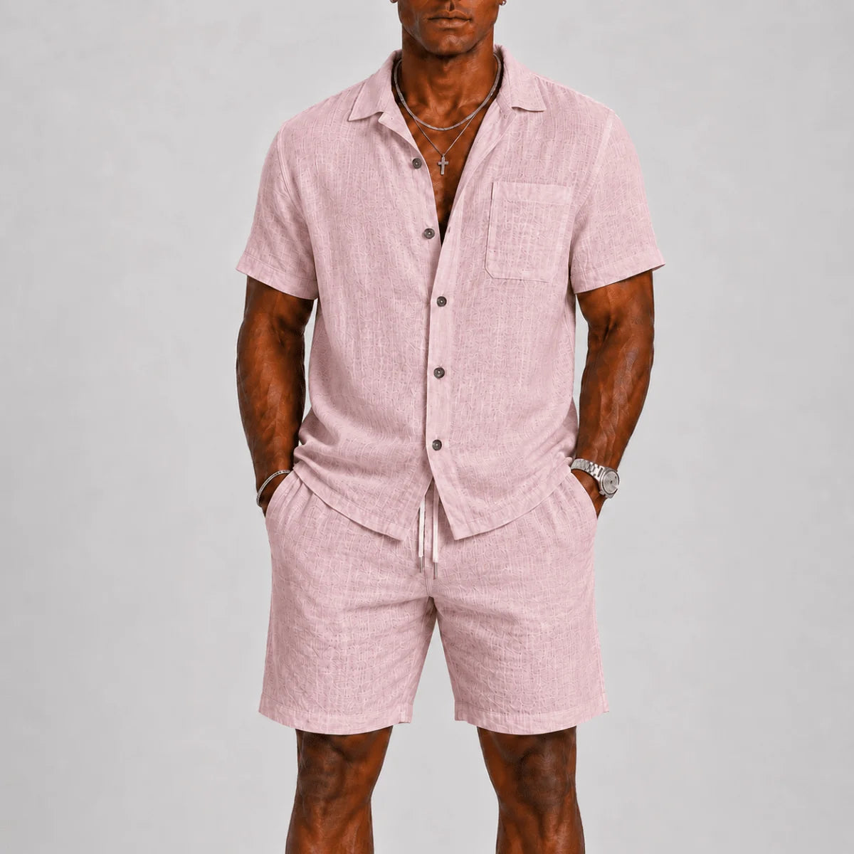 Pink Men's Textured Shirt & Shorts Co-Ord Set — Phoebe Cuban Collar Casual - Front Detail