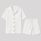 White Men's Textured Shirt & Shorts Co-Ord Set — Phoebe Cuban Collar Casual - Flat Lay