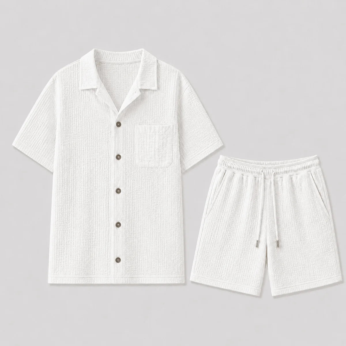 White Men's Textured Shirt & Shorts Co-Ord Set — Phoebe Cuban Collar Casual - Flat Lay