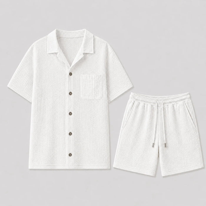 White Men's Textured Shirt & Shorts Co-Ord Set — Phoebe Cuban Collar Casual - Flat Lay