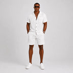 White Men's Textured Shirt & Shorts Co-Ord Set — Phoebe Cuban Collar Casual - Front Full