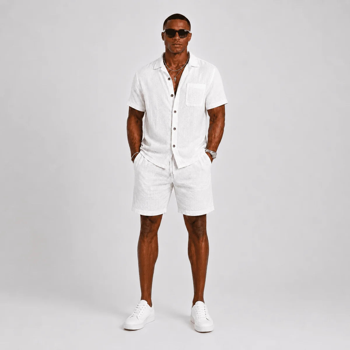 White Men's Textured Shirt & Shorts Co-Ord Set — Phoebe Cuban Collar Casual - Front Full