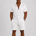 White Men's Textured Shirt & Shorts Co-Ord Set — Phoebe Cuban Collar Casual - Worn Lifestyle