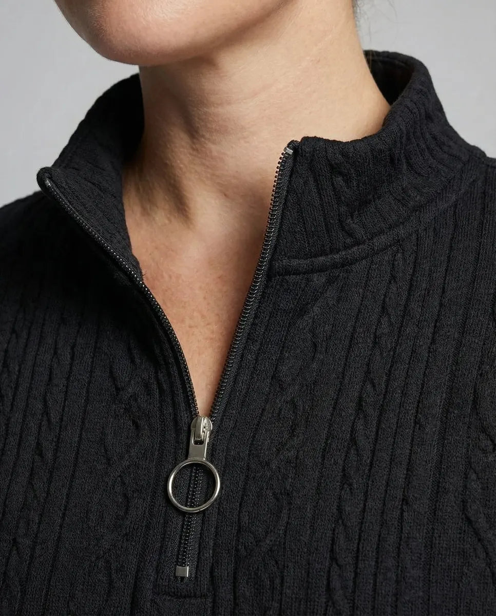 Women's Textured Half Zip Sweatshirt with Ribbed Cuffs & O-Ring Zip Pull - Close Up Zipper