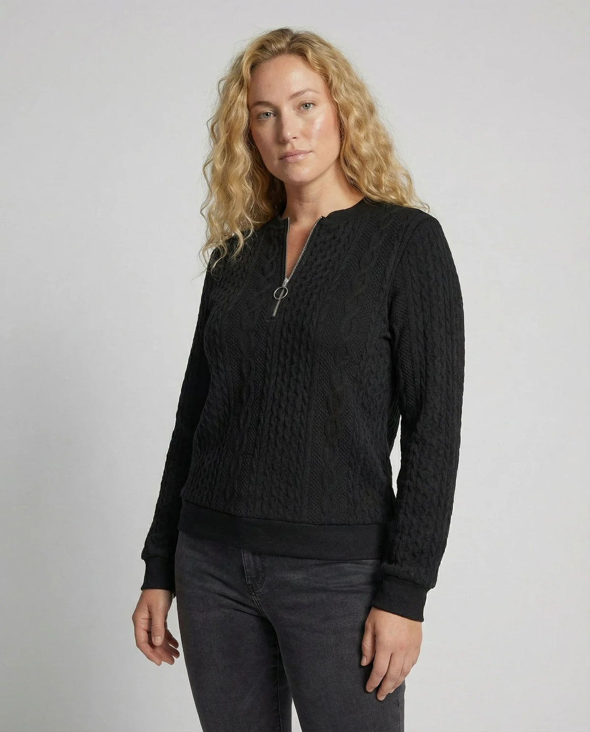Women's Textured Half Zip Sweatshirt with Ribbed Cuffs & O-Ring Zip Pull - Studio Front