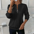 Black Women's Textured Half Zip Sweatshirt with Ribbed Cuffs & O-Ring Zip Pull