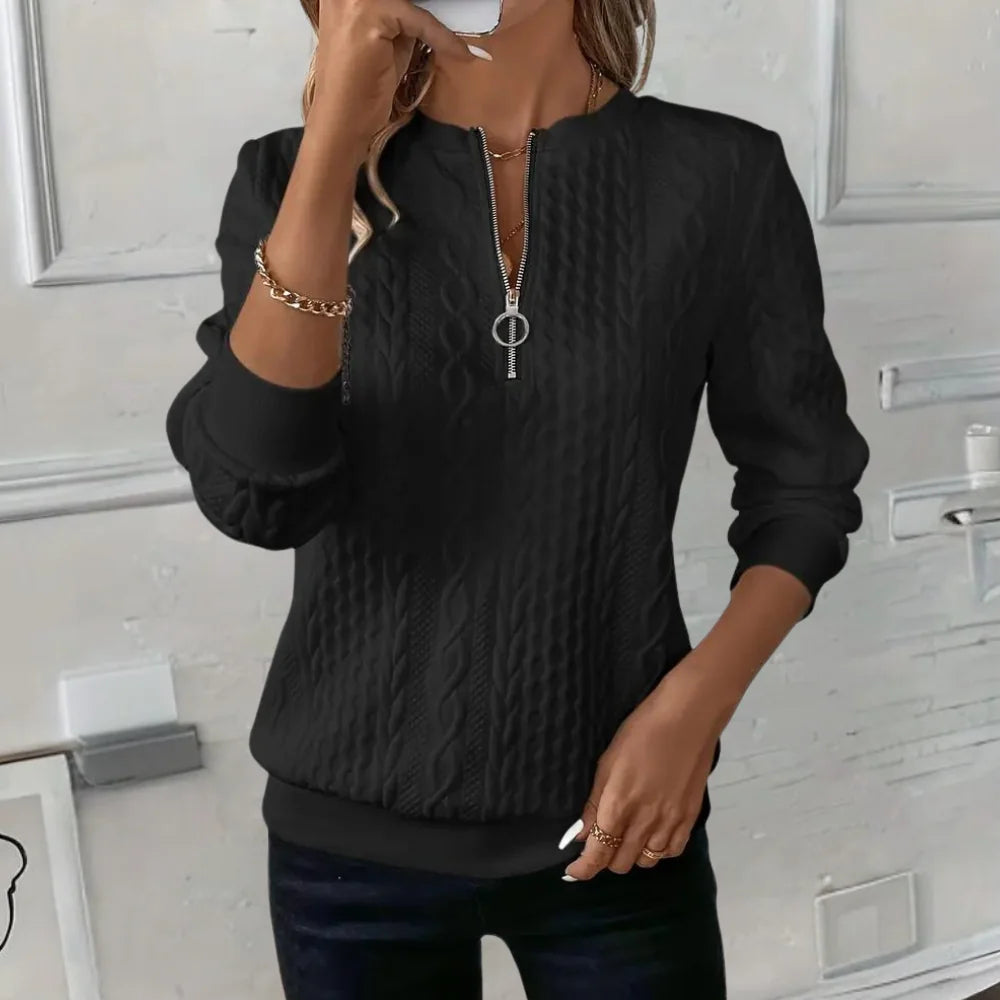Black Women's Textured Half Zip Sweatshirt with Ribbed Cuffs & O-Ring Zip Pull
