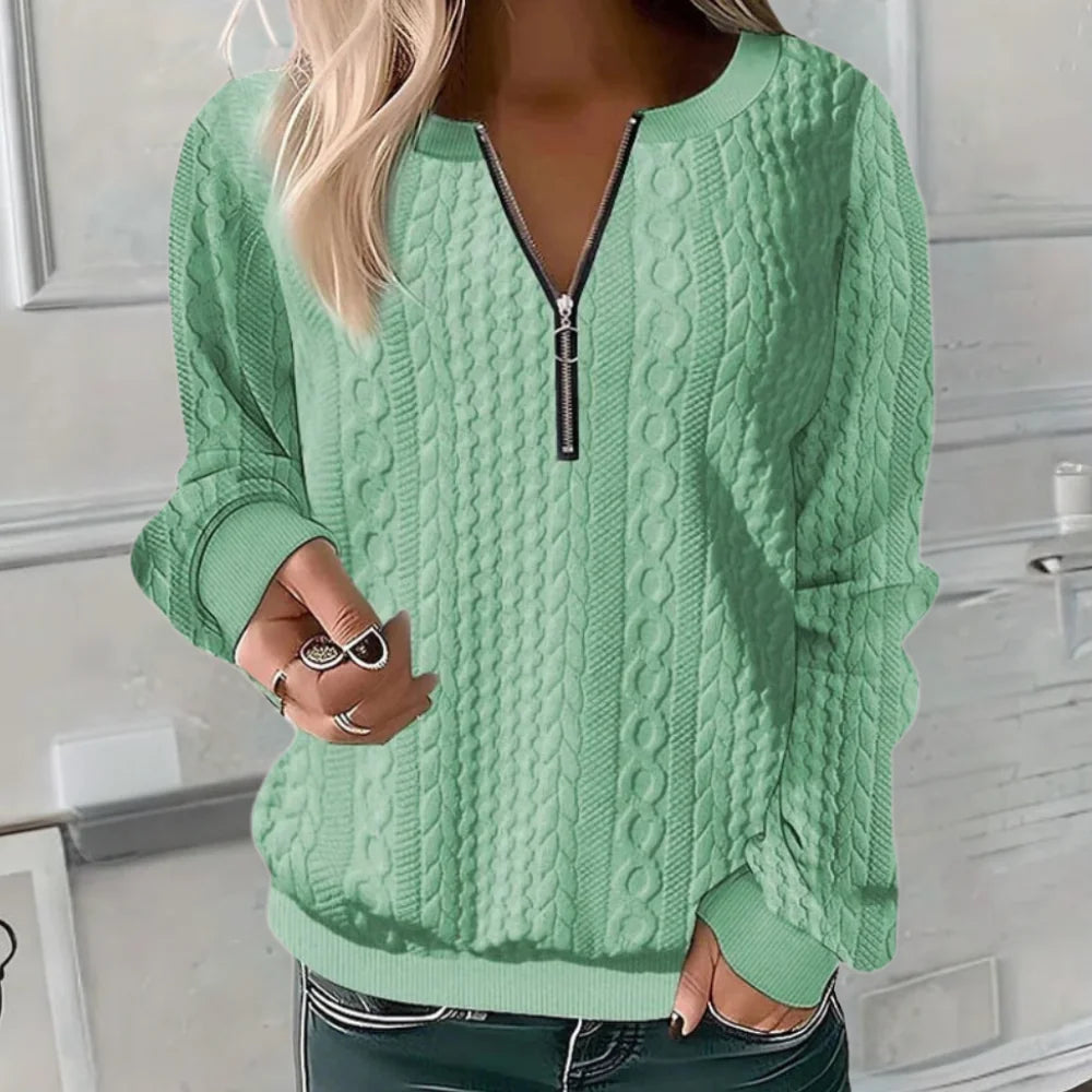 Green Women's Textured Half Zip Sweatshirt with Ribbed Cuffs & O-Ring Zip Pull