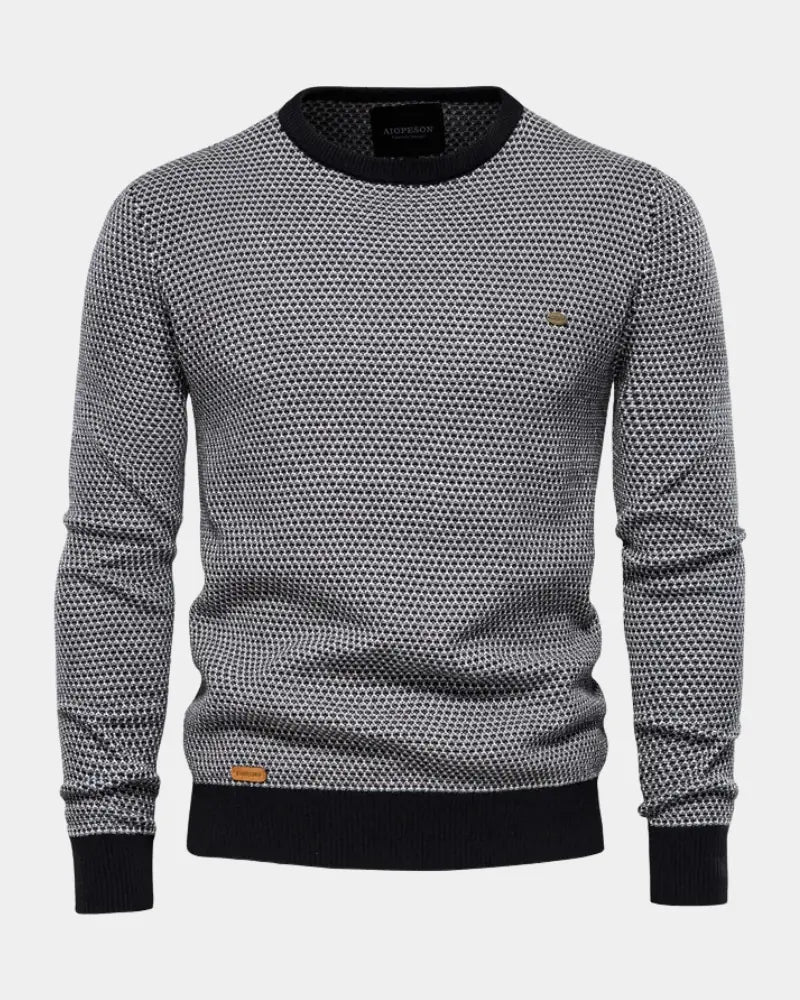 Black Men's Textured Knit Sweater with Crew Neck & Ribbed Trim
