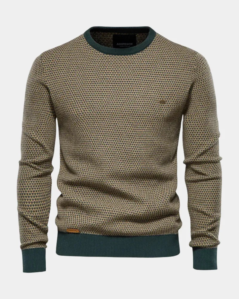 Green Men's Textured Knit Sweater with Crew Neck & Ribbed Trim