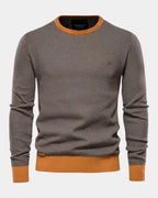 Khaki Men's Textured Knit Sweater with Crew Neck & Ribbed Trim