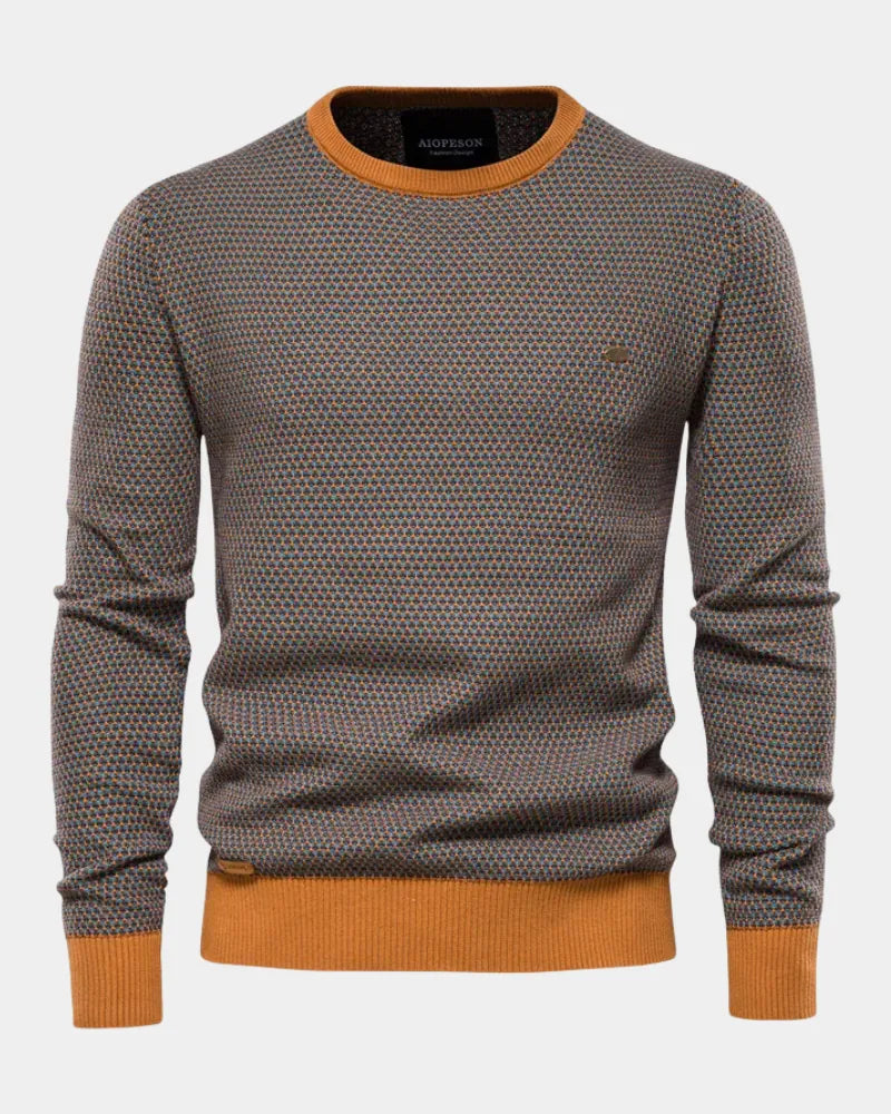Khaki Men's Textured Knit Sweater with Crew Neck & Ribbed Trim