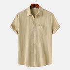 Beige Men's Textured Linen Shirt — Olivia Short Sleeve Button-Front - Front Variant