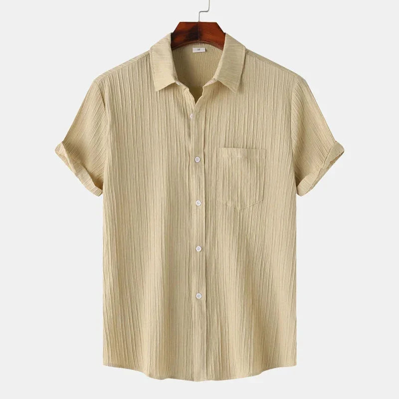Beige Men's Textured Linen Shirt — Olivia Short Sleeve Button-Front - Front Variant