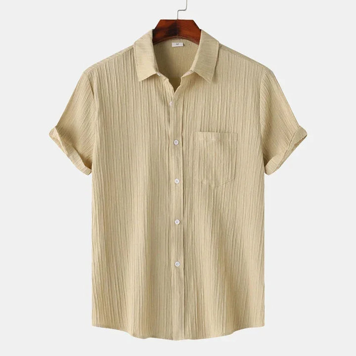 Beige Men's Textured Linen Shirt — Olivia Short Sleeve Button-Front - Front Variant