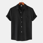 Black Men's Textured Linen Shirt — Olivia Short Sleeve Button-Front - Front Variant