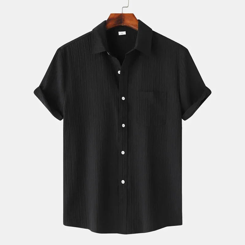 Black Men's Textured Linen Shirt — Olivia Short Sleeve Button-Front - Front Variant