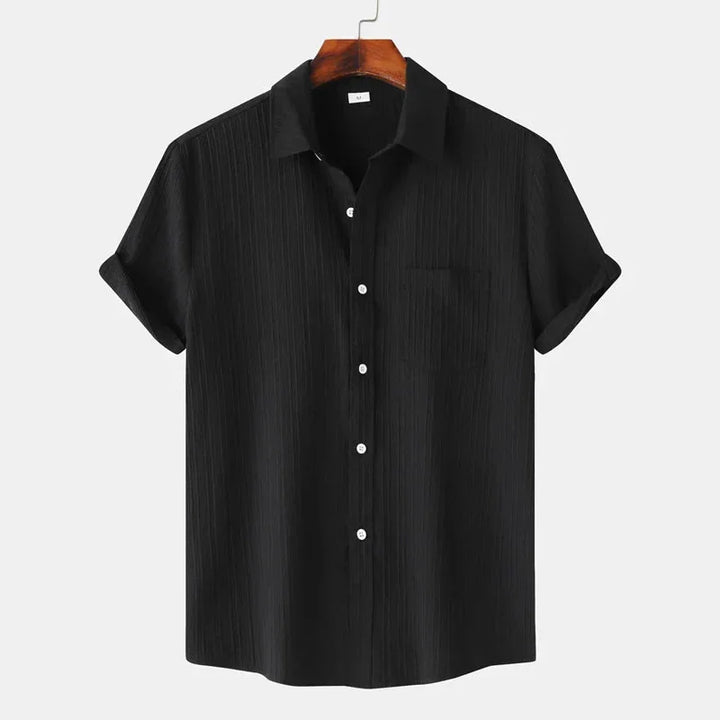 Black Men's Textured Linen Shirt — Olivia Short Sleeve Button-Front - Front Variant
