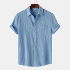 Blue Men's Textured Linen Shirt — Olivia Short Sleeve Button-Front - Front Variant