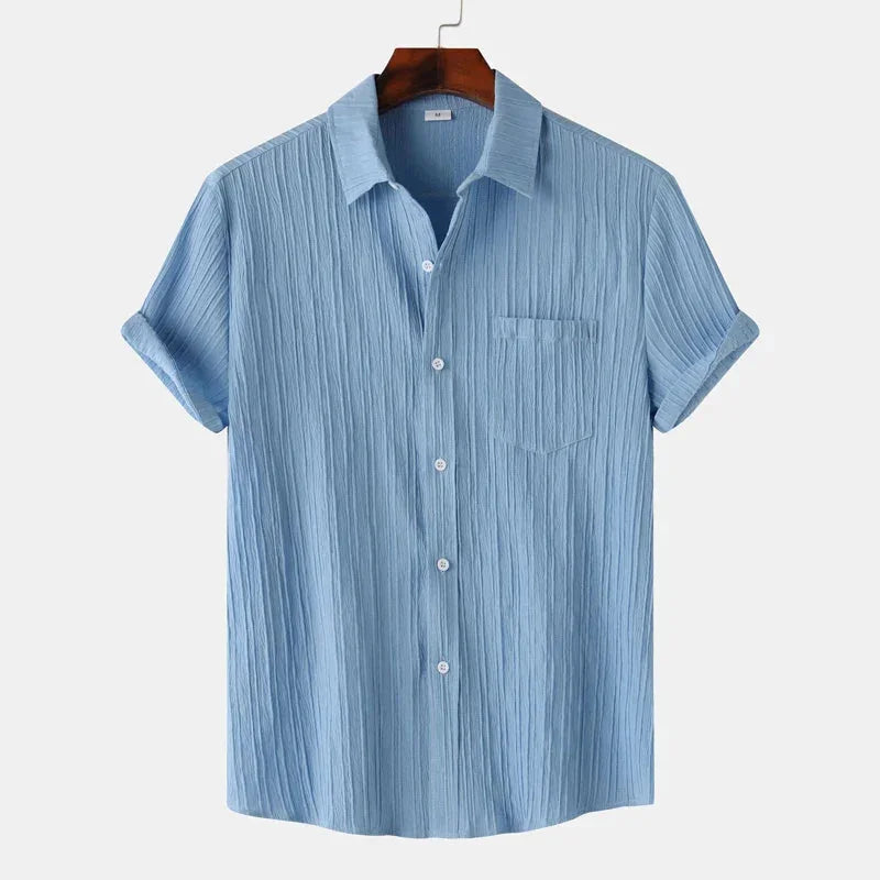 Blue Men's Textured Linen Shirt — Olivia Short Sleeve Button-Front - Front Variant