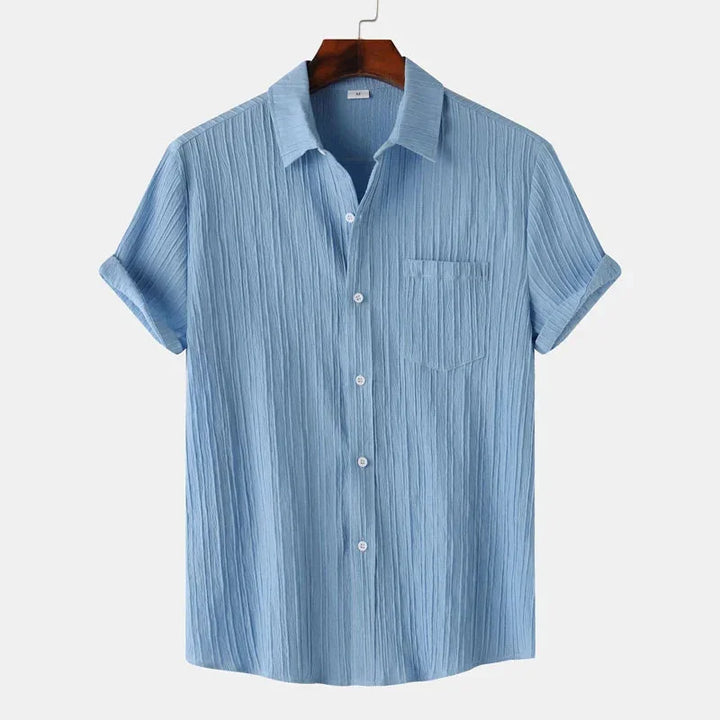 Blue Men's Textured Linen Shirt — Olivia Short Sleeve Button-Front - Front Variant